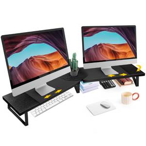 lot 1200 image: Dual-Monitor Stand for Desk - Large Adjustable Length and Angle Riser for 2 Monitors, Double Computer Desktop Organizer, Shelf for TV, Laptop, Printer - Retail $35