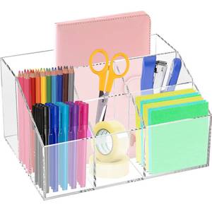 lot 1207 image: Dicunoy Acrylic Desk Organizer, Clear Pen Holder with 7 Compartments, Stationary Notebooks Pencils Storage for School, Classroom, Artist, Student, Office, Craft Room Supplies, Makeup Organization - Retail $14