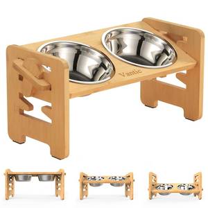lot 1209 image: Vantic Elevated Dog Bowls, Adjustable Raised Dog Bowl Stand for Small Puppy and Cats, Sturdy Bamboo Pet Food Feeder with 2 Stainless Steel Dishes, Natural - Retail $30