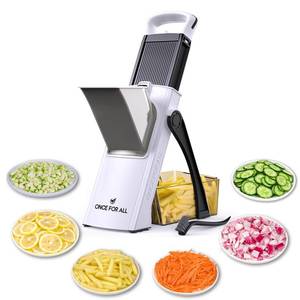 lot 1210 image: ONCE FOR ALL Upgrade Safe Mandoline Slicer Plus, Biger Size, Adjustable Vegetable Food Chopper Potato Fries Cutter, Detachable Blade, Kitchen Chopping Artifact, Gift (Black) - Retail $43