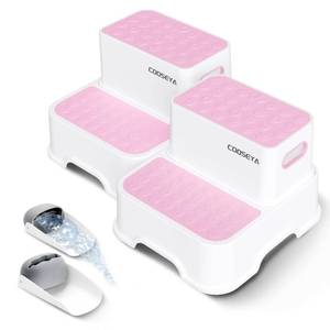lot 1214 image: COOSEYA 2 Step Stools for Kids,Toddler Step Stool for Bathroom Sink,No-Slip Double up Stepping for Toddlers Bathroom, Multifunctional Toilet Potty Stool for Kids,Toilet Potty Training(2 Packs)Pink - Retail $32