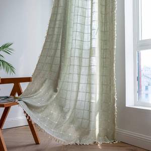 lot 1217 image: 2 Panel Cotton Linen Boho Curtains 84 Inches Long for Living Room Bedroom, Kitchen, Plaids Lattice Embroidered Semi Blackout Bohemian Farmhouse Window Treatment Grids Drape Tassels,Sage Green - Retail $45