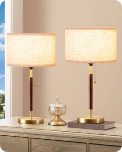lot 1229 image: EDISHINE Mid Century Table Lamp Set of 2, Pull Chain Switch Bedside Lamp, Linen Shade, Solid Wood Pole and Bronze Brushed Metal Base, Modern Nightstand Lamp for Bedroom, Living Room, Office, E26 Base - Retail $80
