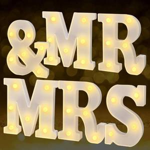 lot 1235 image: JUSTOTRY 6Pcs Mr and Mrs LED Light Up Letters, 6.2 Inch Shiny Freestanding Mr and Mrs Sign Lights for Marriage Anniversary Celebration Engagement Banquet Wedding Table Decoration (Warm White) - Retail $26