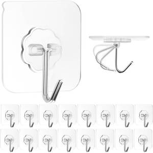 lot 2120 image: ZESLMG Adhesive Wall Hooks for Hanging, 13 Pack Self Sticky Hooks Heavy Duty 22lb Clear, Removable Shower Hook No Damage for Towel Key Coat Wreath Picture Outdoor Ceiling Bathroom Kitchen, Waterproof - Retail $6