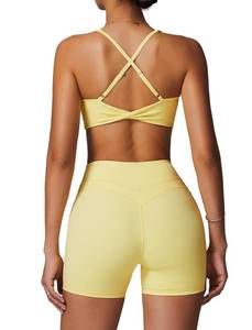 lot 2123 image: ABOCIW Workout Sets for Women 2 Piece V Neck Twist Back Sports Bra High Waist Biker Shorts Yoga Outfits Lemon Yellow Large - Retail $37