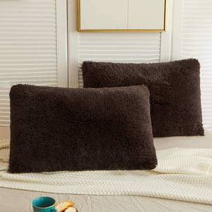 lot 2136 image: LIFEREVO 2 Pack Shaggy Plush Faux Fur Pillow Shams Velvet Reverse,20x36in Fluffy Decorative Pillowcases with Zipper Closure for Couch,Sofa,Bed(Dark Brown,King) - Retail $23