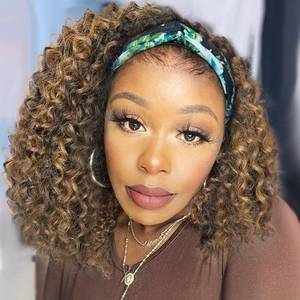 lot 2147 image: Headband Wig 14 Inch Kinky Curly Headband Wigs for Black Women Glueless No Lace Front Wig Deep Curly Half Hair Wigs Chocolate Brown with Blonde - Retail $26