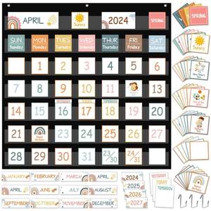 lot 2169 image: QOUBAI 120Pcs Classroom Calendar Pocket Chart Boho Rainbow Calendar Bulletin Board Set Classroom Decoration Greenery Calendar Seasons Weather Chart for Classroom Decoration Back to School Supplies - Retail $14