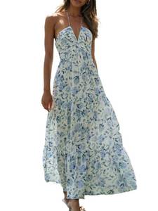 lot 2185 image: Kiluex Women Floral Halter Neck Maxi Dress Summer Tie-Up Sleeveless Backless Long Dress Flowy Ruffle Sundress (A-a-Blue, S) - Retail $27
