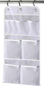 lot 2190 image: MISSLO Hanging Mesh Pockets Hold 340oz1000ml Shampoo Shower Organizer with Over the Door Hooks - Retail $9