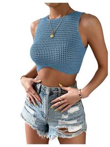 lot 2193 image: GORGLITTER Womenfts Crochet Crop Tank Top Hollow Out Sleeveless Fashion Trendy Knit Copped Vest Tops Blue Small - Retail $27