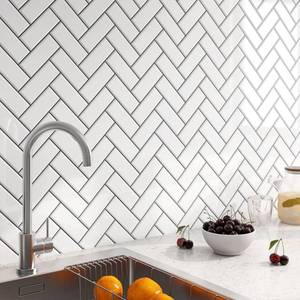 lot 2211 image: FunStick White Herringbone Peel and Stick Backsplash for Kitchen 12x12in Peel and Stick on Backsplash Tile Stickers Self Adhesive Wall Tiles for Kitchen Bathroom Shower RV Waterproof Back Splash 5 Pcs - Retail $19