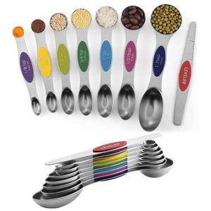 lot 2217 image: ChefAide Pack of 8 Stainless Steel Magnetic Measuring Spoons Set, Dual Sided, Stackable, Adjustable Teaspoon and Tablespoon Measure Spoon with Leveler, Kitchen Gadgets - Retail $19