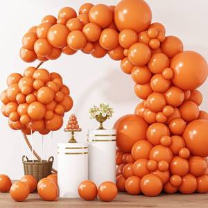 lot 2220 image: RUBFAC 129pcs Orange Balloons Different Sizes 1812105 Inches, Burnt Orange Fall Balloon Arch Kit Garland for Halloween Thanksgiving Party Baby Shower Birthday Decoration - Retail $10