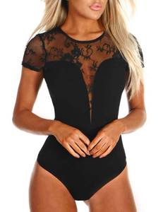 lot 2225 image: SEBOWEL Women Short Sleeve Lace Bodysuit Mesh See Through Jumpsuits Rompers Top Clubwear, Black, S - Retail $36