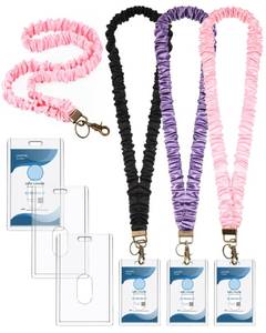 lot 2251 image: Geyoga 3 Pcs Teacher Scrunchie Lanyards for ID Badges and Keys with 3 Pcs Acrylic Badge Holder Stretchy Neck Keychain for Women Cute Teacher Retractable Lanyard with Clip Closure(Classic) - Retail $18