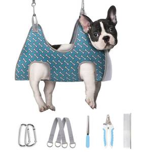 lot 2265 image: Supet Dog Grooming Hammock Harness for Dogs Cats, Relaxation Pet Nail Clipper Hammock, Restraint Dog and Small Animal Leashes Sling for Groomingk for Nail Trimming (Coral Blue, S) - Retail $20