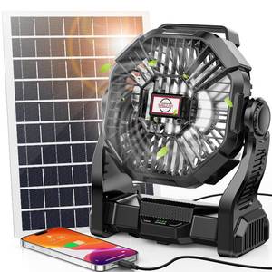 lot 3880 image: 30000mAh Solar Fan with LED Lantern, 10W Solar Panel Rechargeable Battery Powered Camping Fan for Outside, 9 Inch Portable Battery Operated Hurricane Supplies for Picnic, Barbecue, Fishing, Travel - Retail $36