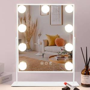 lot 3881 image: COOLJEEN Vanity Mirror with Lights, 9 Led Bulbs Lighted Makeup Mirror with Detachable 10X Magnification Mirror, Hollywood Mirror 3 Color Lights Tabletop Makeup Mirror, 360°Rotation - Retail $40