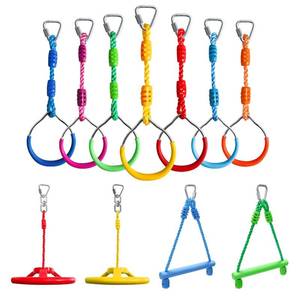lot 3894 image: Craft Ninja Warrior Obstacle Course Accessories Kids Outdoor Play - 7pc Rings, 2pc Swing Trapeze Wheels and 2pc Monkey Bars - Retail $70