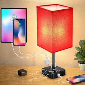 lot 3907 image: cozoo USB Bedside Table Desk Lamp with 2 USB Charging Ports and 2 Outlets Power Strip,Dimmable Table Lamp with Red Fabric Shade, LED Light for BedroomNightstand - Retail $23