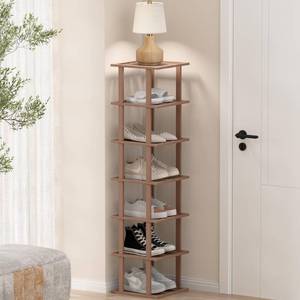lot 3909 image: Bamboo Shoe Rack for Front Door Entrance, Brown Vertical Shoe Rack - Tall Narrow Shoe Rack Organizer for Small Spaces, Wooden Shoe Shelf for Closet and Entryway, Space Saving 7 Tier Stackable - Retail $45