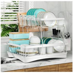 lot 3915 image: 7 code Large Dish Drying Rack, 2-Tier Dish Racks for Kitchen Counter, Detachable Large Capacity Dish Drainer Organizer with Utensil Holder, Dish Drying Rack with Drain Board, White - Retail $27
