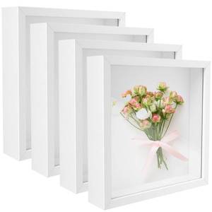 lot 3917 image: 4 Pack 8x 8in Shadow Boxes Frame Display Cases Wood Deep Shadowbox for Photos, Dried Flowers, Handicrafts Picture Frames for Wall Tabletop (White, 8x8) - Retail $26