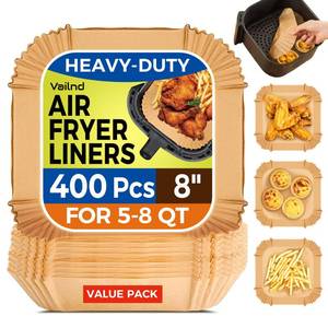 lot 4267 image: 400 Pcs Air Fryer Paper Liners, 8 Square Air Fryer Liners Disposable, Heavy-Duty Parchment Paper for 5-8 qt Airfryer Basket, Non-Stick and Grease-Proof Baking Liner for Oven Pan - Retail $30