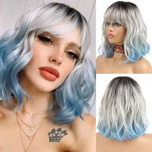 lot 4272 image: NOBLE Blue Wig with Bangs 12 Inches Short Bob Curly Wig Blue Wigs for Women Colorful Wavy Bob Wigs with Air Bangs Heat Resistant Synthetic Silver Blue Halloween Wigs for Cosplay Party - Retail $24