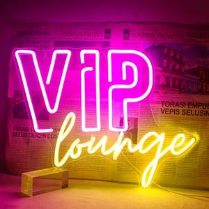 lot 4285 image: Horseneon VIP Lounge Neon Signs for Wall Decor, VIP Neon Lights Signs for Room Decor, Led Light Up Sign with USB Powered for Bar, Hotel, Cafe, VIP Room, Home Decoration (Pink and Yellow) - Retail $32