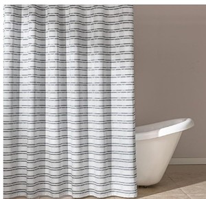 lot 9281 image: Geometric Jacquard Fabric Shower Curtain, Grey Striped -