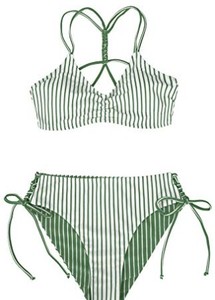 lot 10407 image: Two Piece White Green Striped Bikini, L -
