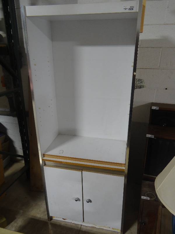 lot 4255 image: Wood storage cabinet wdoors on bottom. 78H x 30W x 17D.
