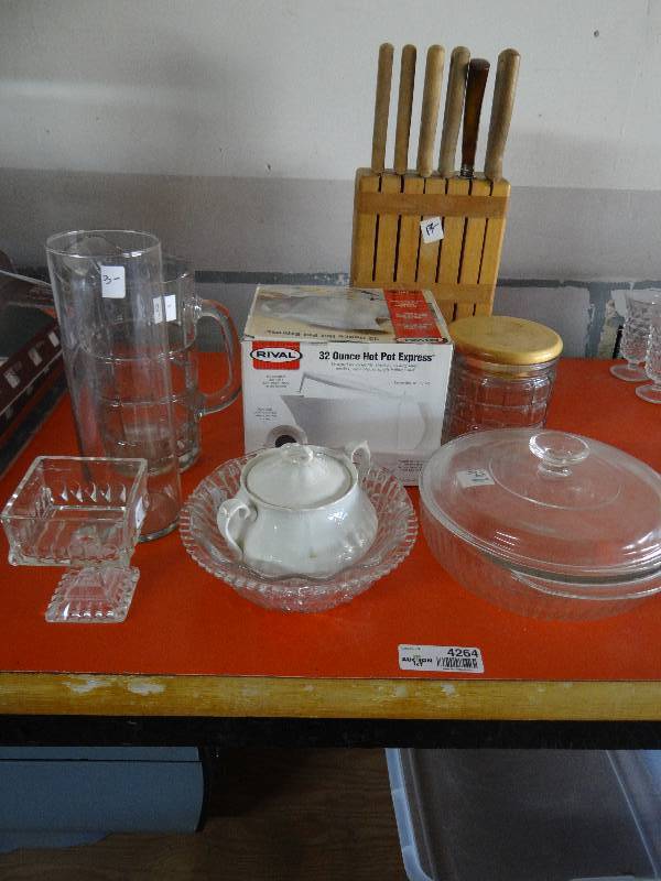 lot 4264 image: Knife block wknifes, hot pot express 32 ounce, pitcher, & more.