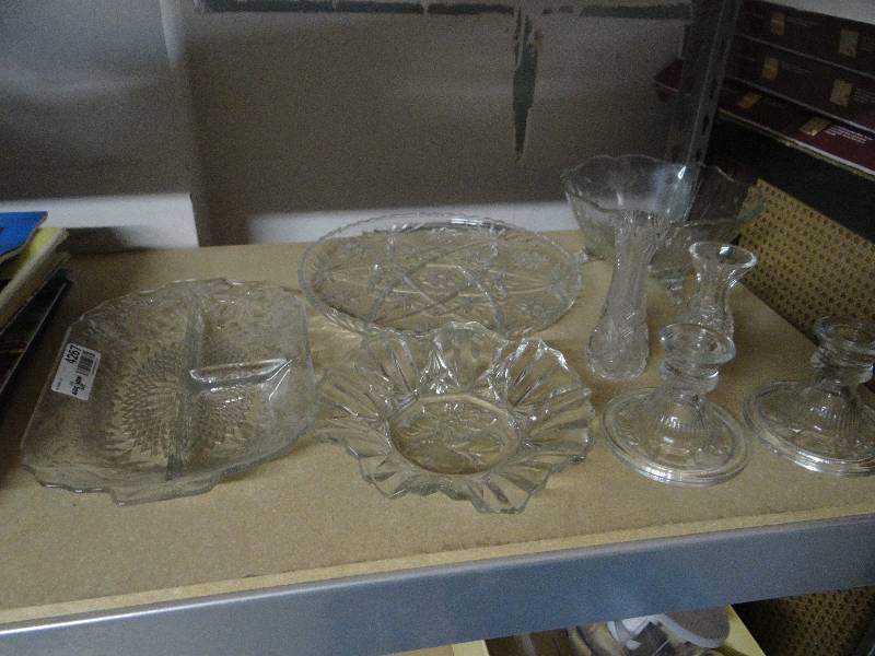 lot 4267 image: Lot of glassware vases, candle holders, server plate.