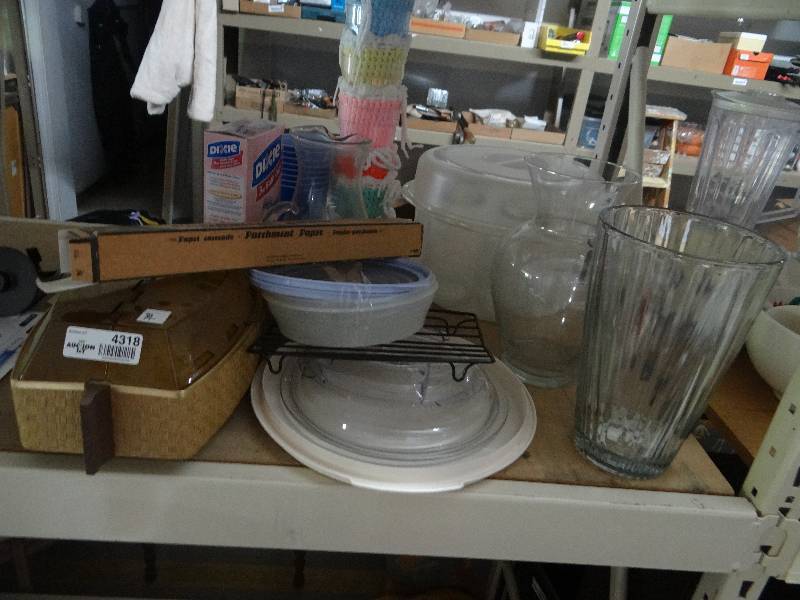 lot 4318 image: Lot of glass pitchers, cups, vase & more.