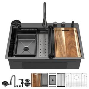 lot 10769 image: Fulorni 33x22 Drop In Waterfall Kitchen Sink Workstation - Gunmetal Black NANO-PVD, 16 Gauge 304 Stainless Steel, Single Bowl Top Mount Dual-Outlet Waterfall Sink with Faucet Combo & Glass Rinser - Retail - $449.99