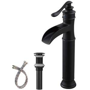 lot 10792 image: BWE Vessel Sink Faucet Waterfall Matte Black with Pop Up Drain Without Overflow and Supply Lines, Black Sink Faucet Bathroom One Handle Faucets Vanity Bath Mixer Tap - Retail - $85.99