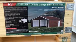 lot 805 image: (Unused)- COMPLETE BOX SET 33x25ft Heavy-Duty Double Garage Steel Barn Shed Kit - Model K3325G
