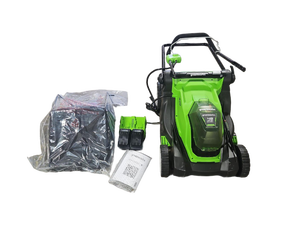 lot 100 image: Greenworks 48V Cordless Lawn Mower Kit with Dual Charger. Issues&nbsp