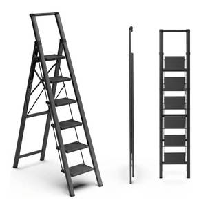 lot 1411 image: 6 Step Ladder for 12 Feet High Ceiling, Folding Step Stool with Handgrip & Anti-Slip Wide Pedal, Portable Lightweight Aluminum Stepladder for Kitchen, Home (300 lbs Capacity) - Black - Retail $163