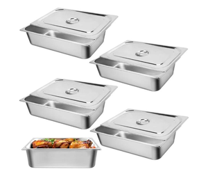 lot 22954 image: Hotel Pan, Full Size Steam Table Pan 6 Deep Stainless Steam Table Pan with Lid Full Size Food Pan 20.8 L x 13 W Anti Jam Stainless Steel Buffet Pan Commercial Stainless Steel Pan (4 Pack) - Retail $65