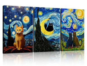 lot 22960 image: 3 Frames Starry Night Cats Canvas Wall Art Animals in Famous Paintings Poster Modern Art Picture Home Decor Print Vintage Style Oil Painting Print 16x24 Inch - Retail $60
