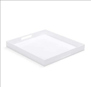 lot 22964 image: White Modern Acrylic Tray with Cutout Handles, 20x20 Inch Over Sized Serving Tray, Organizer, Rubber Boot Tray, and More - Retail $52