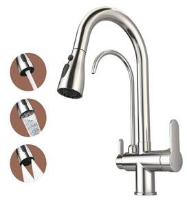 lot 22977 image: Kitchen Sink Faucet with Pull - Down Sprayer, 2 - Handle 3 - in - 1 Kitchen Sink Filter Faucet, Cold and Hot Mixer Drinking Water Faucet (Chrome-02)