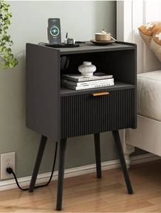 lot 23009 image: Black Nightstand with Outlet,Modern Bedside Table with Storage Drawer and Open Wood Shelf, for Living Room, Bedroom and Small Spaces, Accent Night Stand with Solid Wood Legs, Easy Assembly