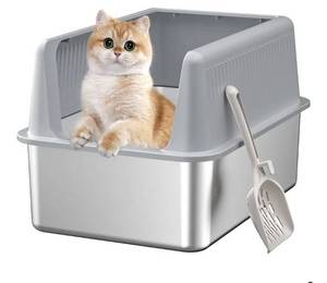 lot 23016 image: Stainless Steel Cat Litter Box with Lid,XL,19.7 L x 13.8 W x 11.8H Deep,Large Metal Litter Box with High Side,for Small and Large Cats,Anti-Leakage Non-Sticky Easy Cleaning Include Litter Scoop
