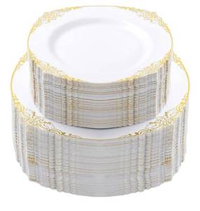 lot 23027 image: 200 PCS White and Gold Plastic Plates for 100 Guests, Gold Disposable Plates Include 100 PCS Dinner Plates, 100 PCS Dessert Plates
